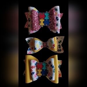 3 hair clip bows autism awareness